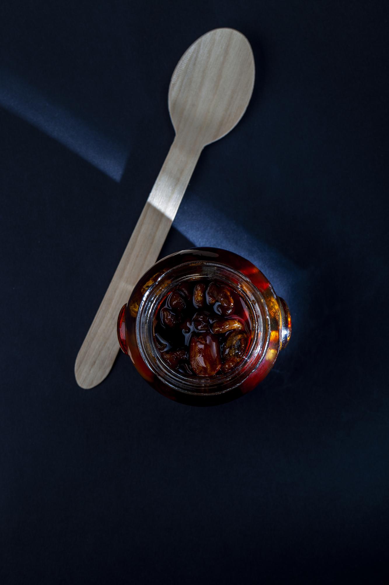 large editorial shot of plated preserves